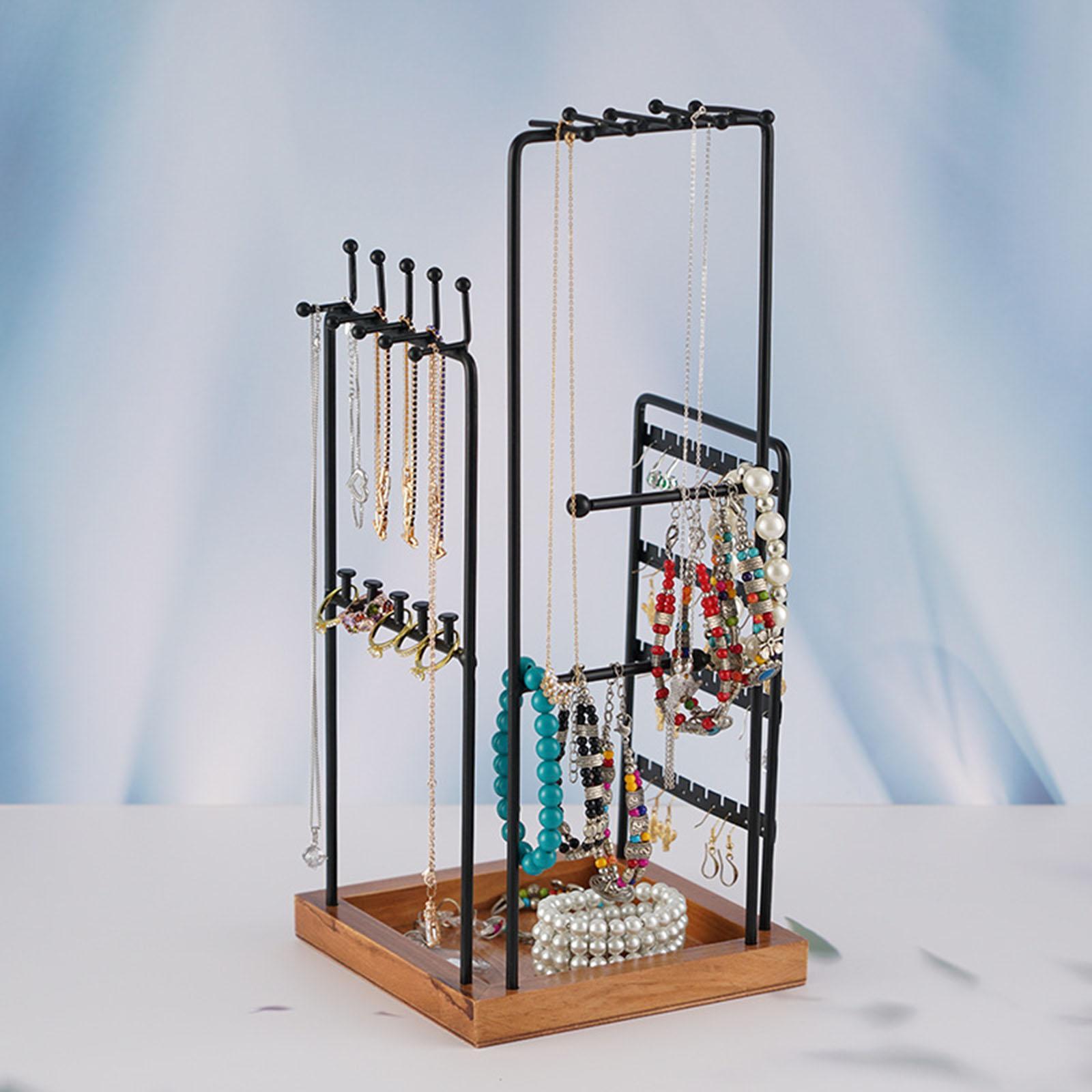 Jewelry Display Holder Stand with Wooden Tray Jewelry Organizer for Tabletop