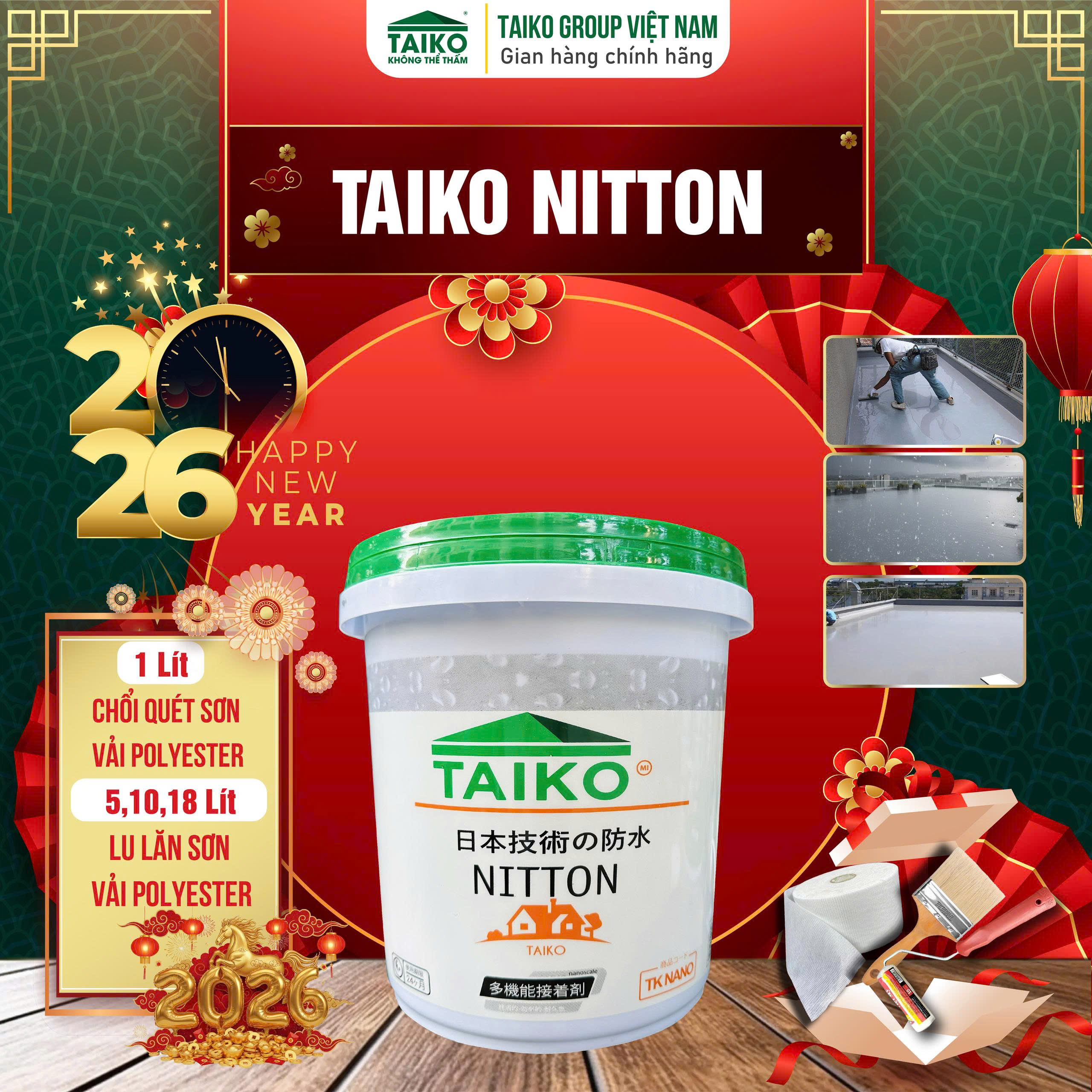 5 Kg Keo Sơn Chống Thấm Sàn TAIKO NITTON (Gốc Acrylic) -  Chống Thấm Lộ Thiên, Sàn Mái, Máng Xối, Ban Công, Lô Gia Tặng Kèm Vải Kết Cấu/Hiệu Quả Hơn Khi Pha Xi Măng