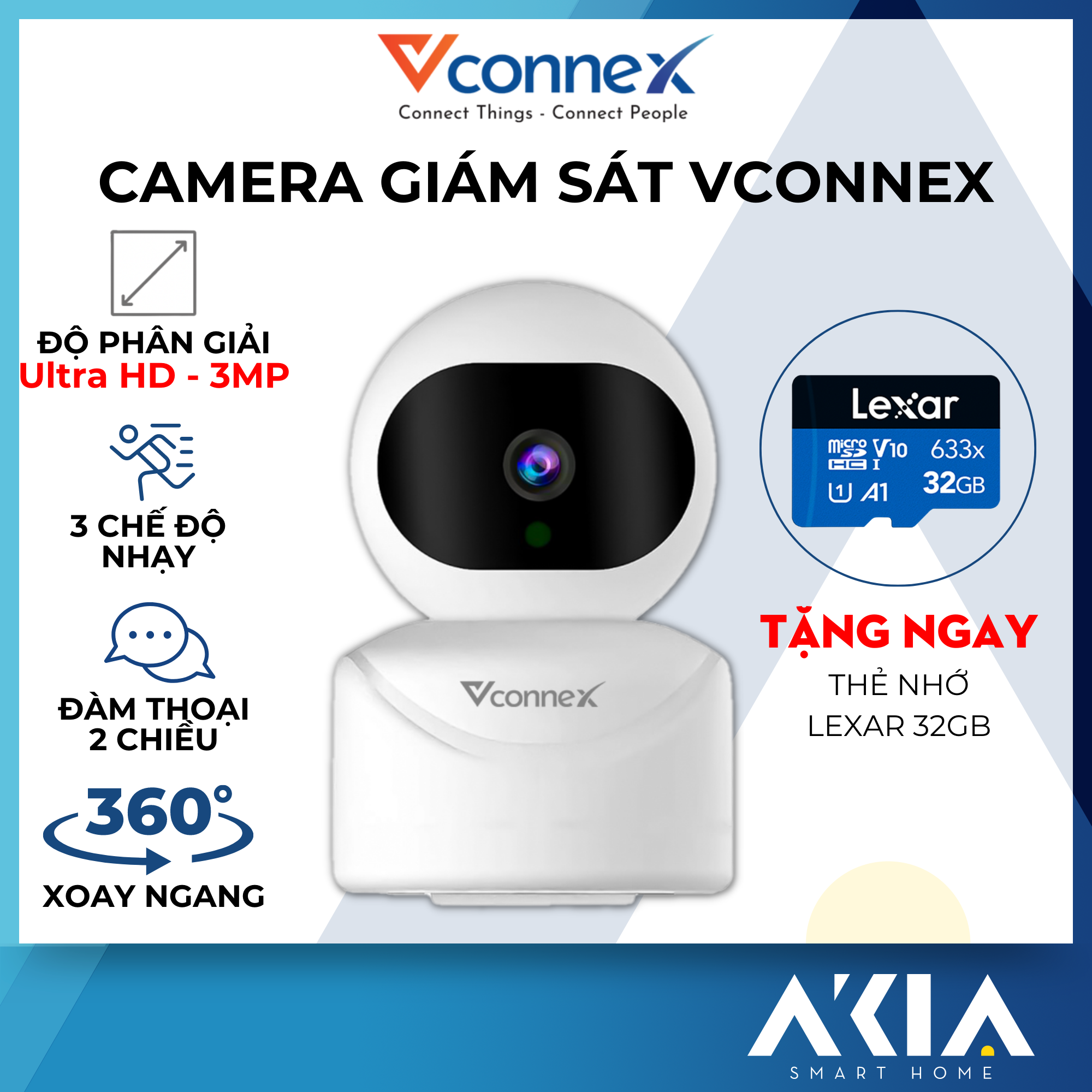 Camera trong nhà Vconnex - Camera wifi giám sát AI, độ phân giải Ultra HD 4K 3MP, đàm thoại 2 chiều, xoay 360 độ, 6 đèn hồng ngoại - Hàng chính hãng