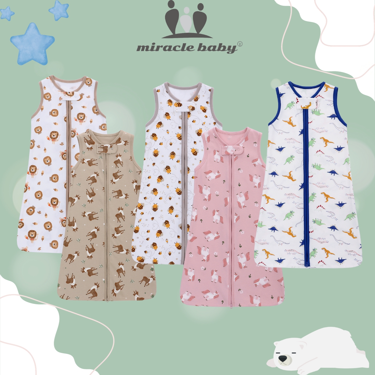 Túi ngủ chũn Miraclebaby cho bé vải cotton mềm mịn cho bé từ 0 đến 18 tháng tuổi