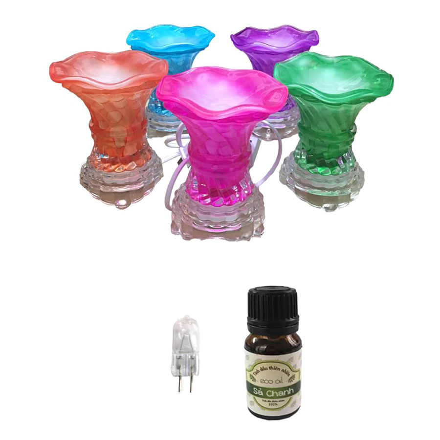 Đèn xông tinh dầu thủy tinh vặn kèm 1 chai tinh dầu sả chanh và 1 bóng đèn (Giao mầu ngẫu nhiên)