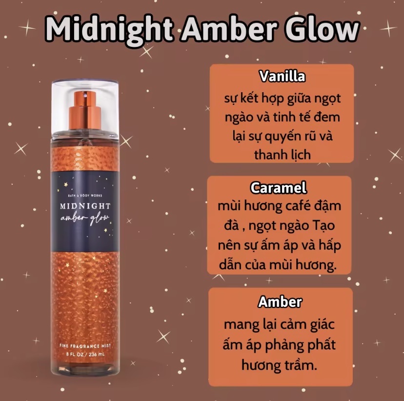 Body Mist Midnight Amber Glow - Xịt Thơm Bath and Body Work Midnight Amber Glow 236ml