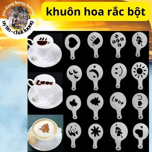 Bộ 16 khuôn nhựa rắc bột cacao capuchino tạo hình trang trí bánh/cà phê dày dặn