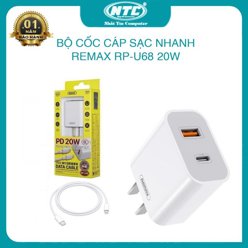 Bộ cốc cáp sạc nhanh 2 cổng Remax RP-U68 typeC to LN hỗ trợ USB QC 3.0 18W và TypeC PD 20W (Trắng) - Hàng Chính Hãng