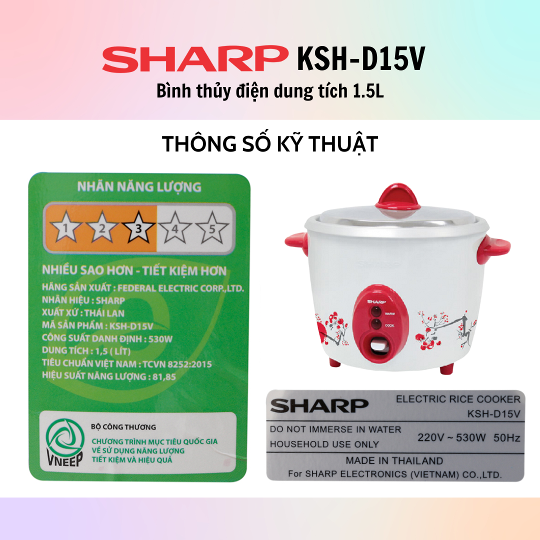 Nồi Cơm Điện Nắp Rời Sharp KSH-D15V (1.5L) - Màu Ngẫu Nhiên -  Hàng Chính Hãng