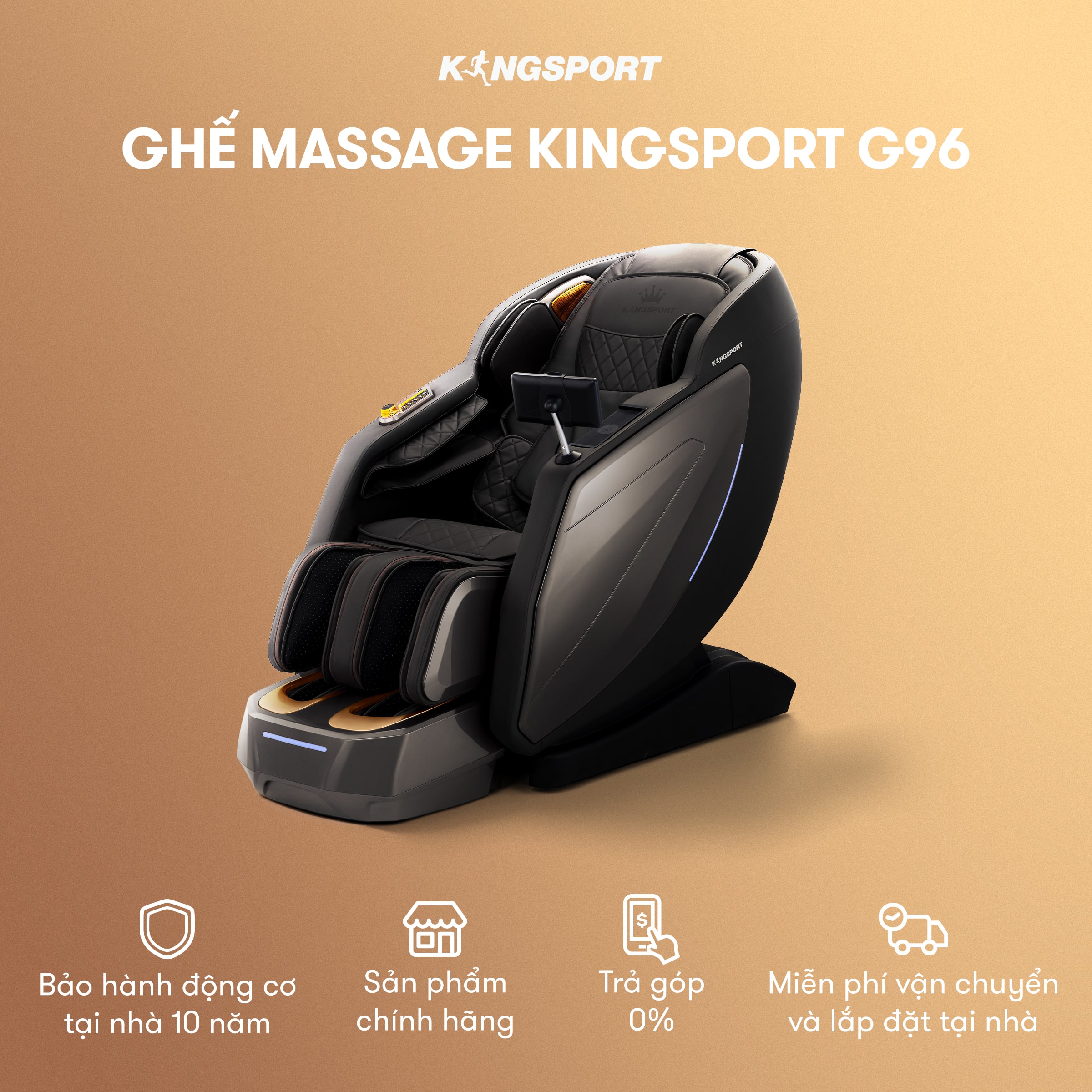 Ghế massage KINGSPORT G96 cao cấp, công nghệ massage 3D Ultra với 24 bài tập, đo chân tự động, điều khiển bằng tablet cảm ứng