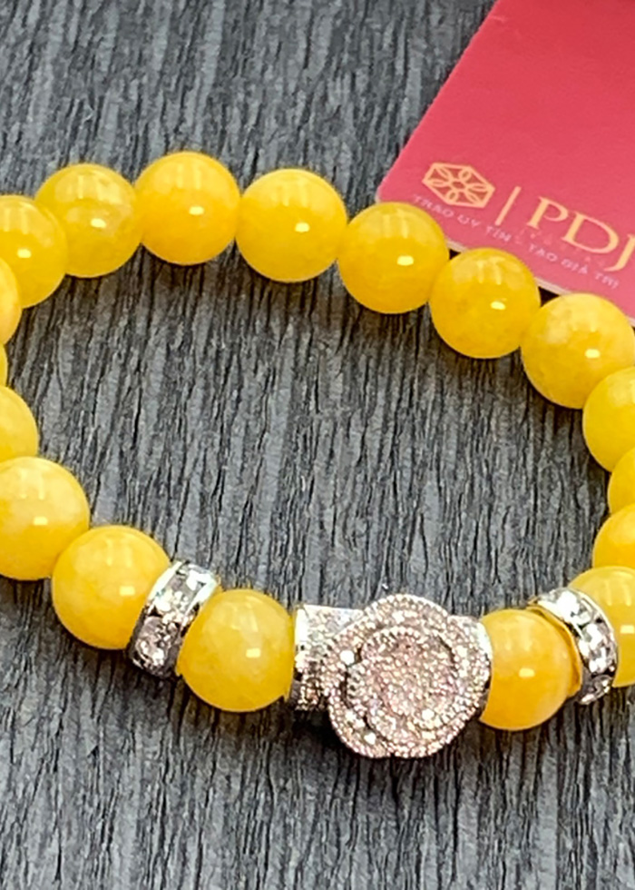 Vòng Đá Thạch Anh Vàng Vân 8 Ly Charm Hoa Đá Bạc