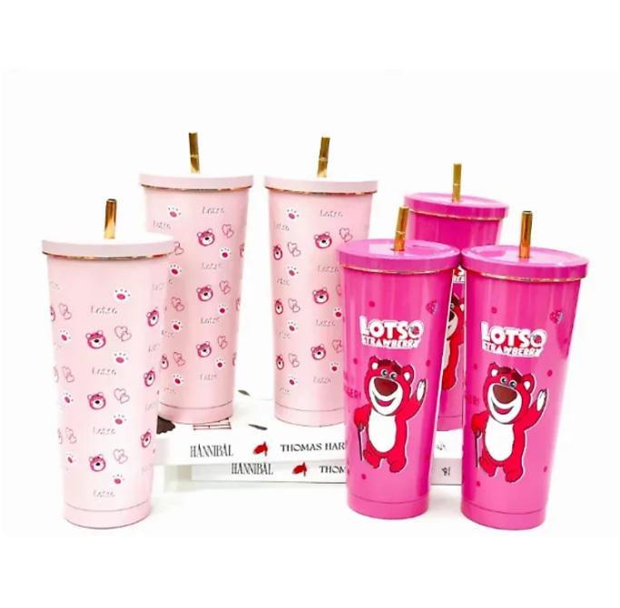 Ly Giữ Nhiệt 500ML Hai Lớp Chất Liệu Inox 304 Kèm Ống Hút Inox Hoạ Tiết Gấu Dâu Có Ron Chống Tràn l