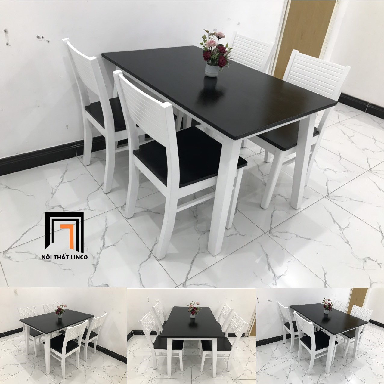 Bộ bàn ghế cherry trắng đen 1m2 gỗ cao su