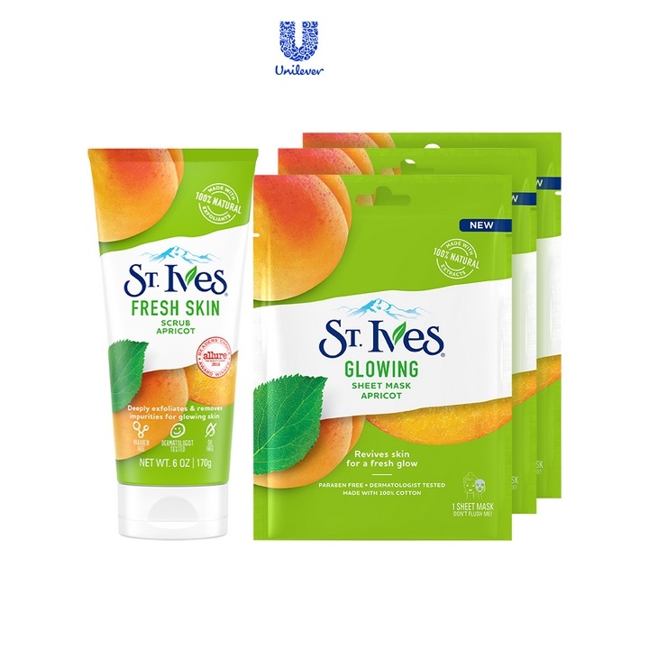 Combo Sữa rửa mặt tẩy tế bào chết Chiết xuất trái mơ St.Ives 170g + Bộ mặt nạ dưỡng da St.Ives Glowing 69ml (23mlx3)