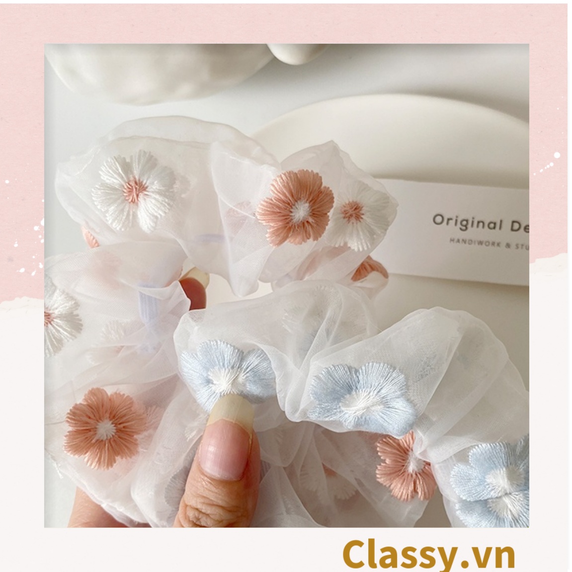 Dây cột tóc Scrunchies vải trong suốt thêu hoa