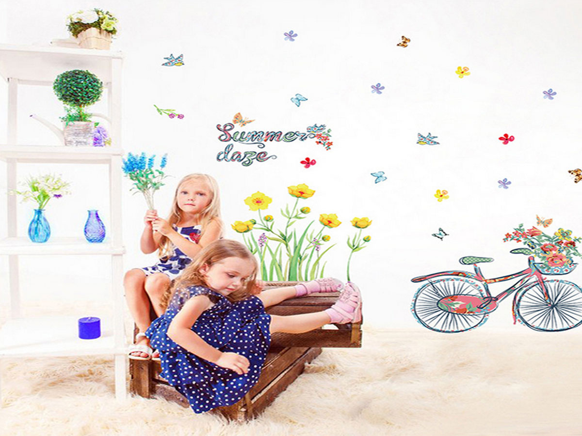 Decal dán tường xe đạp giỏ hoa summer