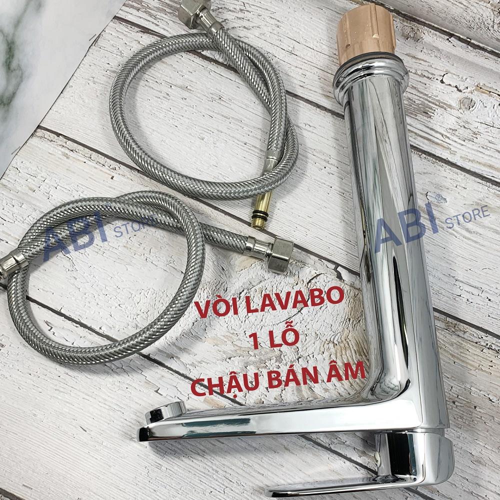 Vòi chậu rửa mặt nóng lạnh 1 lỗ cho chậu bán âm, vòi lavabo 1 chân inox mạ crome hàng đẹp kèm dây cấp nước