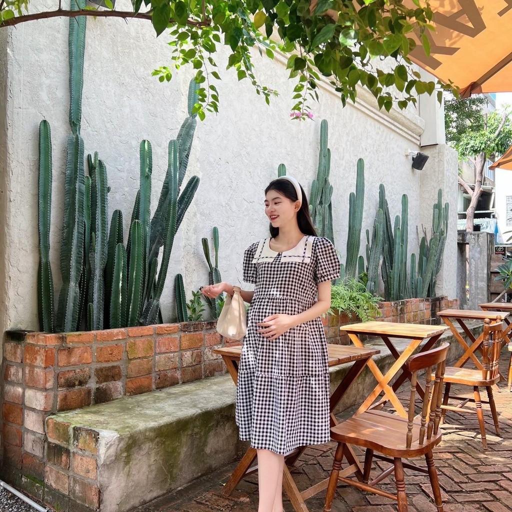 Đầm bầu karo cổ thuỷ thủ phom babydol trẻ trung, đáng yêu - Hồng
