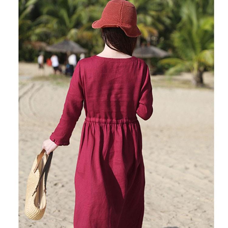 Đầm suông linen dài tay chiết eo, chất vải linen mềm mát, thời trang xuân hè 2021