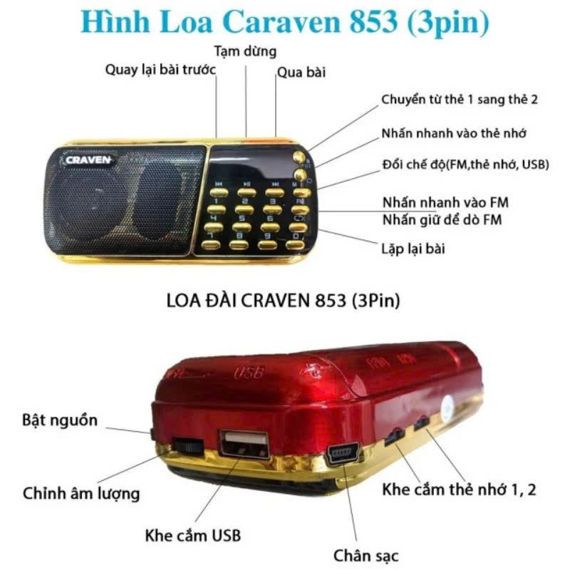 Loa Nghe nhạc USB, thẻ nhớ Craven 853 3pin (màu ngẫu nhiên) - hàng nhập khẩu