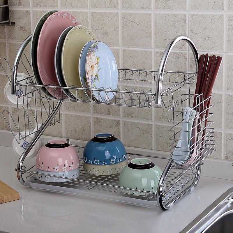 Giá kệ úp bát đĩa Inox 2 tầng có khay hứng nước hình chữ S - Giá kệ úp bát đĩa chữ s