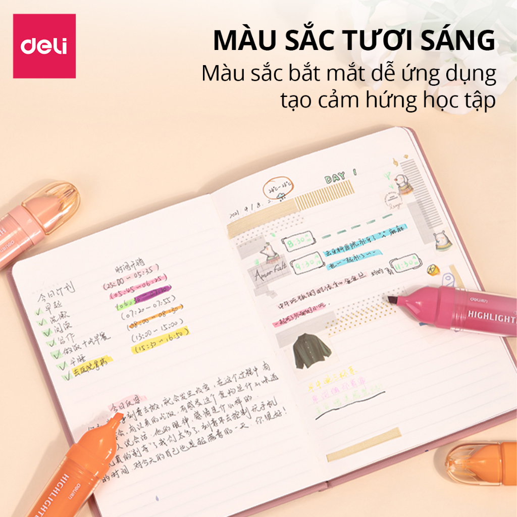 Combo 4 Bút Highlight Đánh Dấu Nhớ Dòng Dạ Quang Deli Màu Pastel Dùng Cho Học Sinh, Học Tập, Văn Phòng Tiện Dụng Nhanh Khô