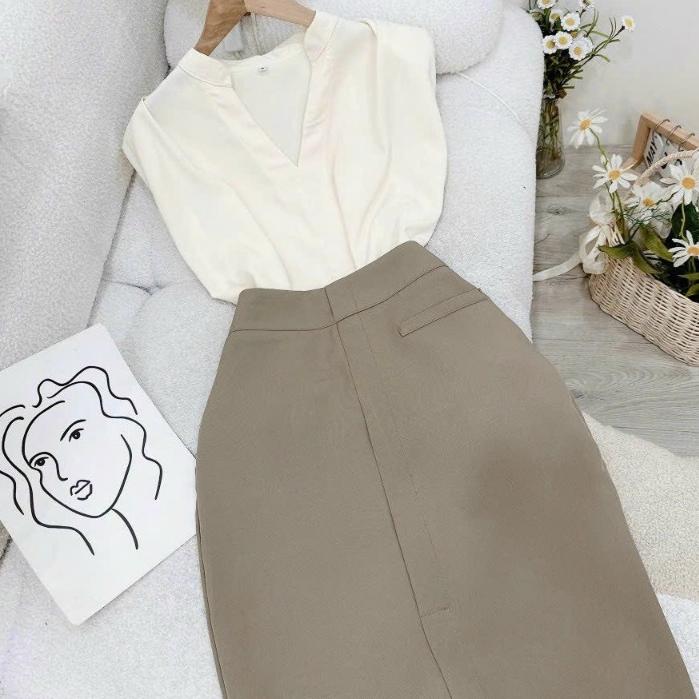 Set bộ nữ, Áo cổ V kèm chân váy kaki chuẩn hàng thiết kế Trendy Clothing
