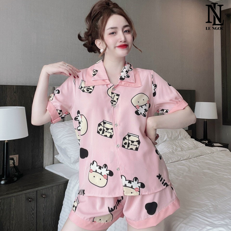 Bộ đồ mặc nhà nữ,  đồ pijama nữ cộc tay quần đùi chất liệu lụa 100D xịn xò, bộ đồ ngủ nữ pyjama họa tiết sang trọng CC10