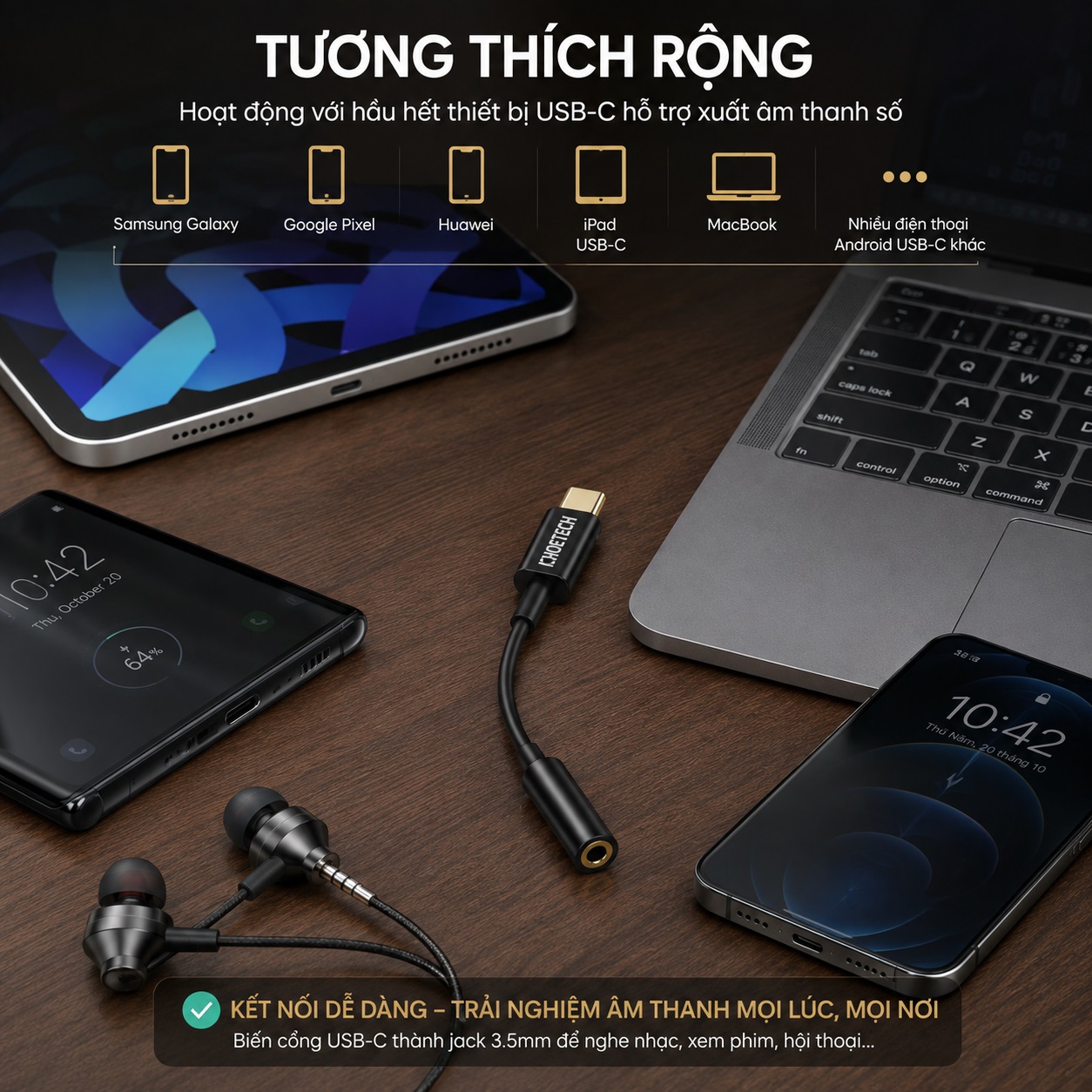 Jack chuyển đổi âm thanh USB Type-C ra Audio 3.5mm Choetech AUX-003 DAC Hi-Res 24bit/96kHz cho iPhone, iPad, Samsung, Macbook, huawei, Z Fold , Z Flip - Hàng nhập khẩu