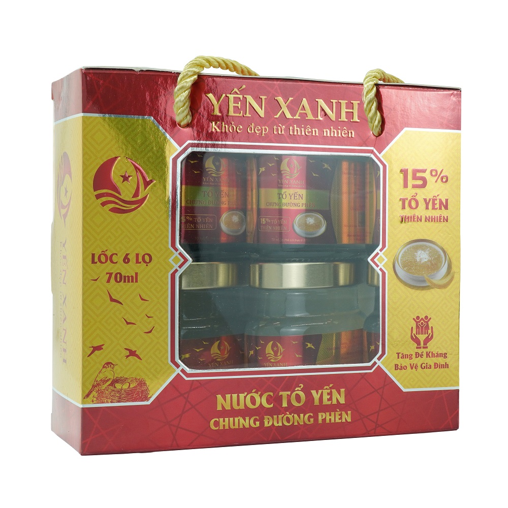 Nước tổ yến sào chưng đường phèn - YẾN XANH (15% tổ yến) - Lốc 6 lọ x 70ml có quai xách