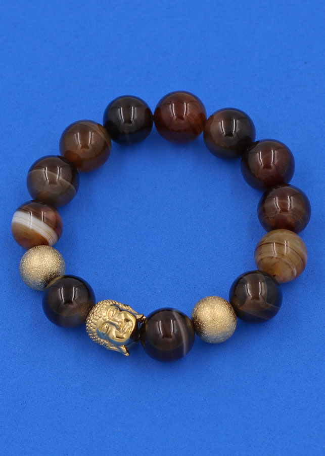 Vòng tay chuỗi hạt Mã Não Nâu Sọc 14 ly - Vòng tay Phật A Di Đà inox vàng VMNNSNLVHB14 - hợp mệnh Kim, mệnh Thổ - Vòng đeo tay size lớn