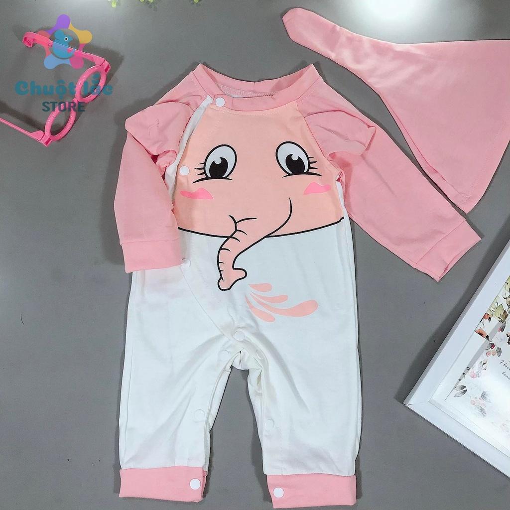 Bộ Đồ Body Dài Tay Cho Trẻ Sơ Sinh Hình Voi Thun Cotton 3kg Đến 12kg MÀu Xanh Hồng