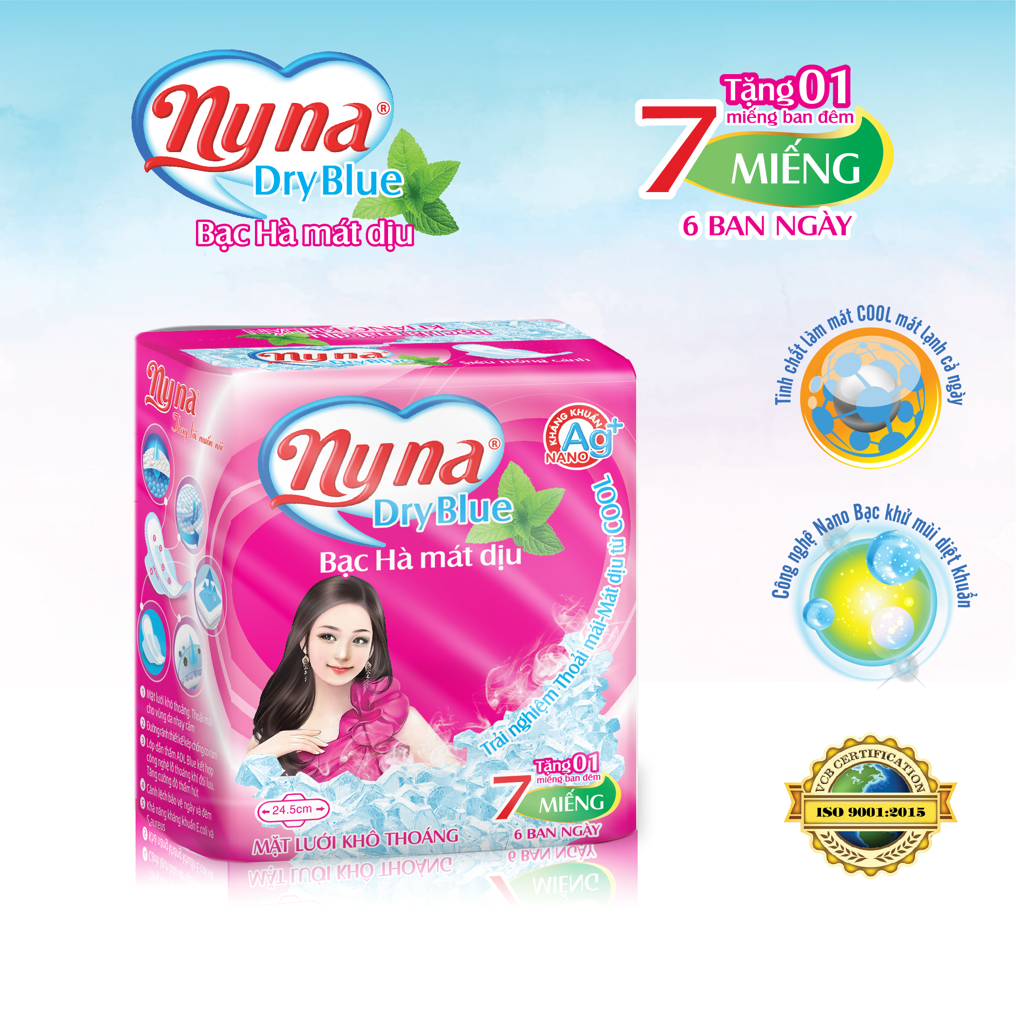 Băng Vệ Sinh NYNA Dryblue 7 Miếng Mẫu Hồng - Băng Vệ Sinh ban ngày có cánh . BVS kháng khuẩn. Băng vệ sinh phụ nữ mặt lưới 3D khô thoáng, chống tràn. Băng vệ sinh Nyna chính hãng-1 Lốc Gồm 8 Gói