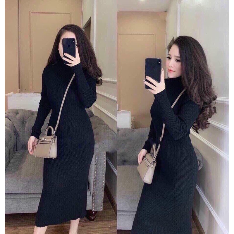Váy len body cổ lọ dạng dài ôm tôn dáng
