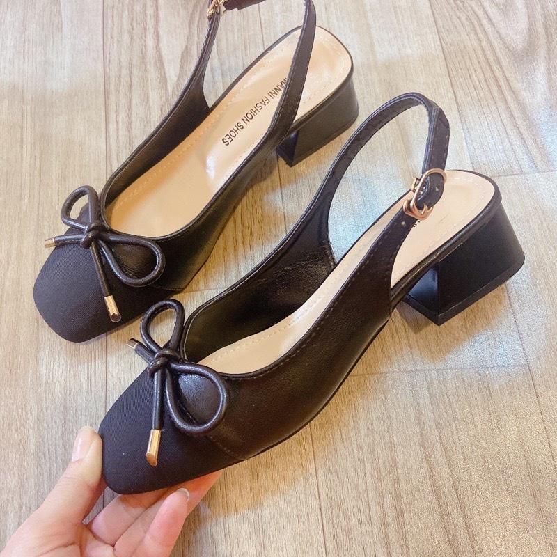 Giày sandal dáng slingback nữ mũi tròn đen phối nơ xinh xắn đế 3cm 2 màu đen trắng phong cách công sở nữ tính - Mã G55