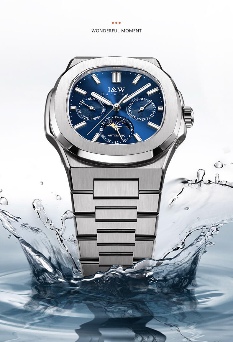 Đồng hồ nam chính hãng I&W CARNIVAL 55886G-1 mặt xanh navy size mặt 42mm,kính sapphire ,chống nước 50m,dây thép không gỉ