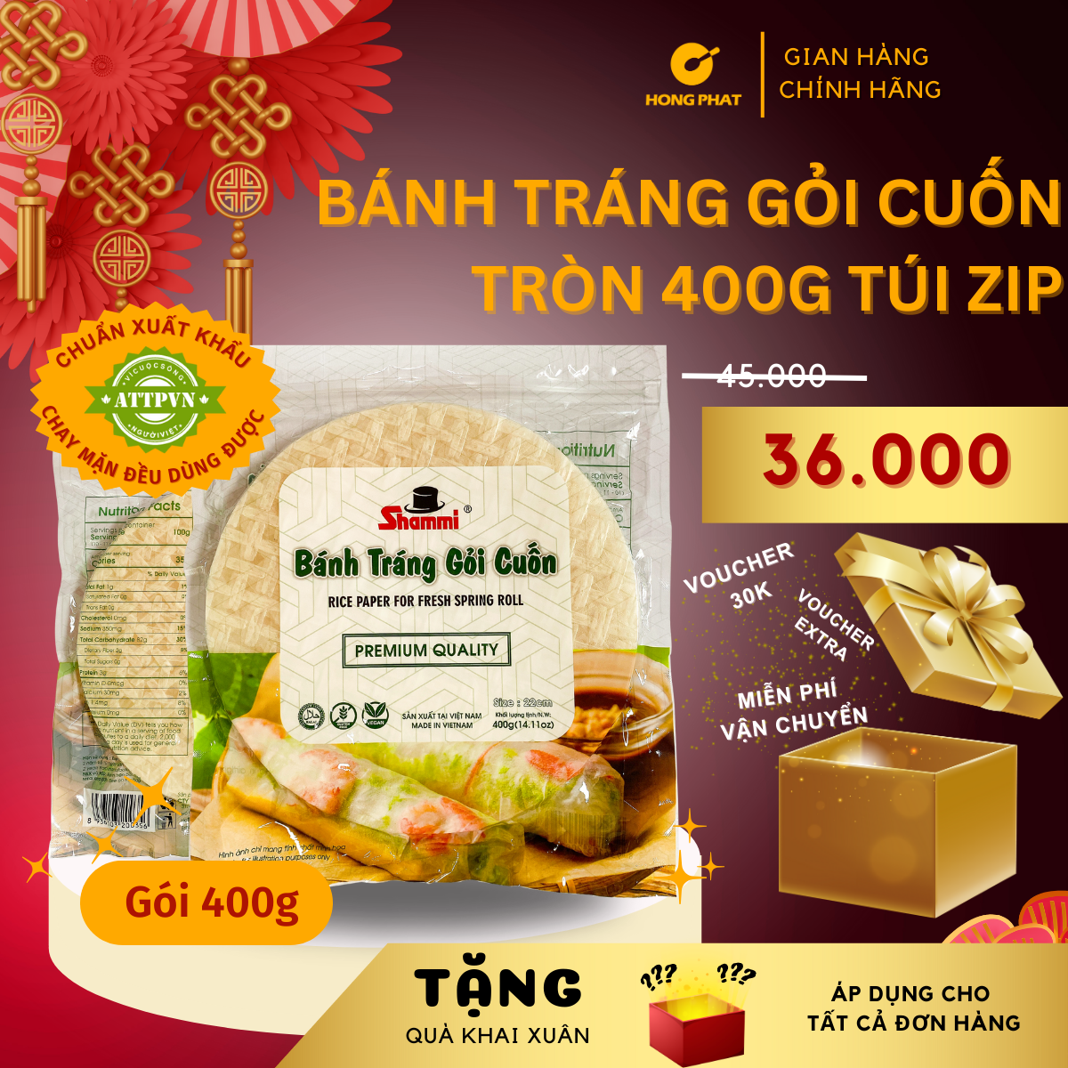[LOẠI TRÒN] Bánh tráng gỏi cuốn Shammi tròn size 22cm túi 400g (Bánh tráng cuốn xuất khẩu)