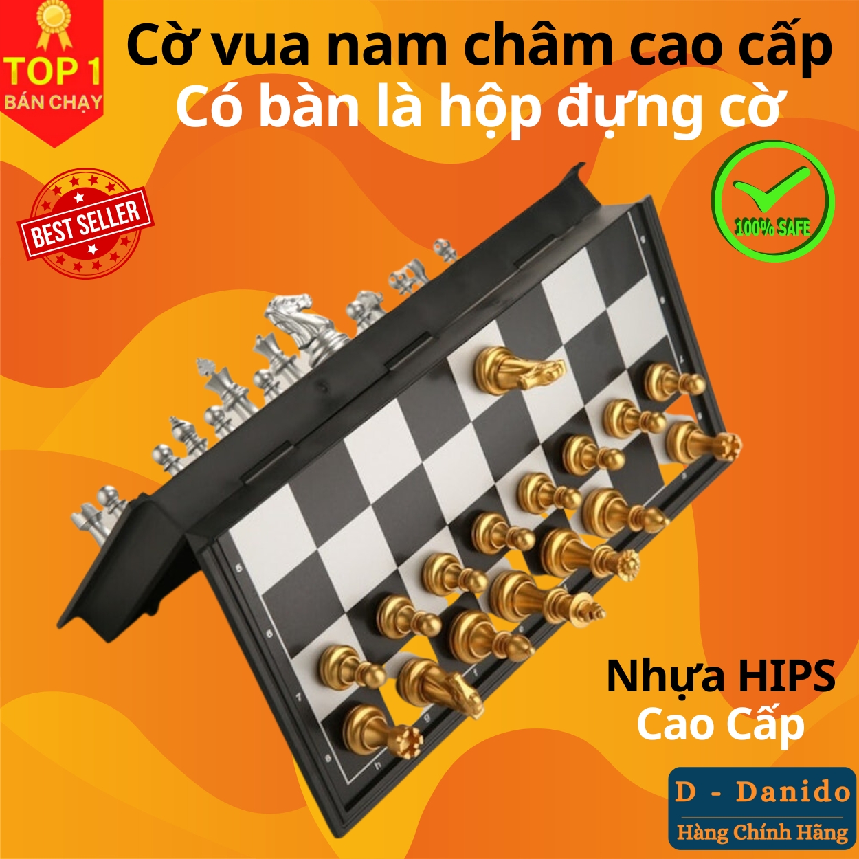 Cờ vua nam châm cao cấp - Bộ cờ vua nam châm quân nhũ vàng có bàn là hộp đựng sang trọng, Hàng chính hãng D Danido