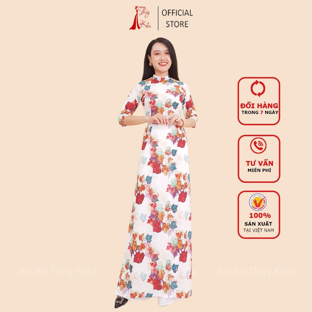 Áo dài nữ may sẵn thiết kế đẹp cách tân tết nền trắng lá nho K142 Thúy Kiều mềm mại, co giãn, áo dài giá rẻ