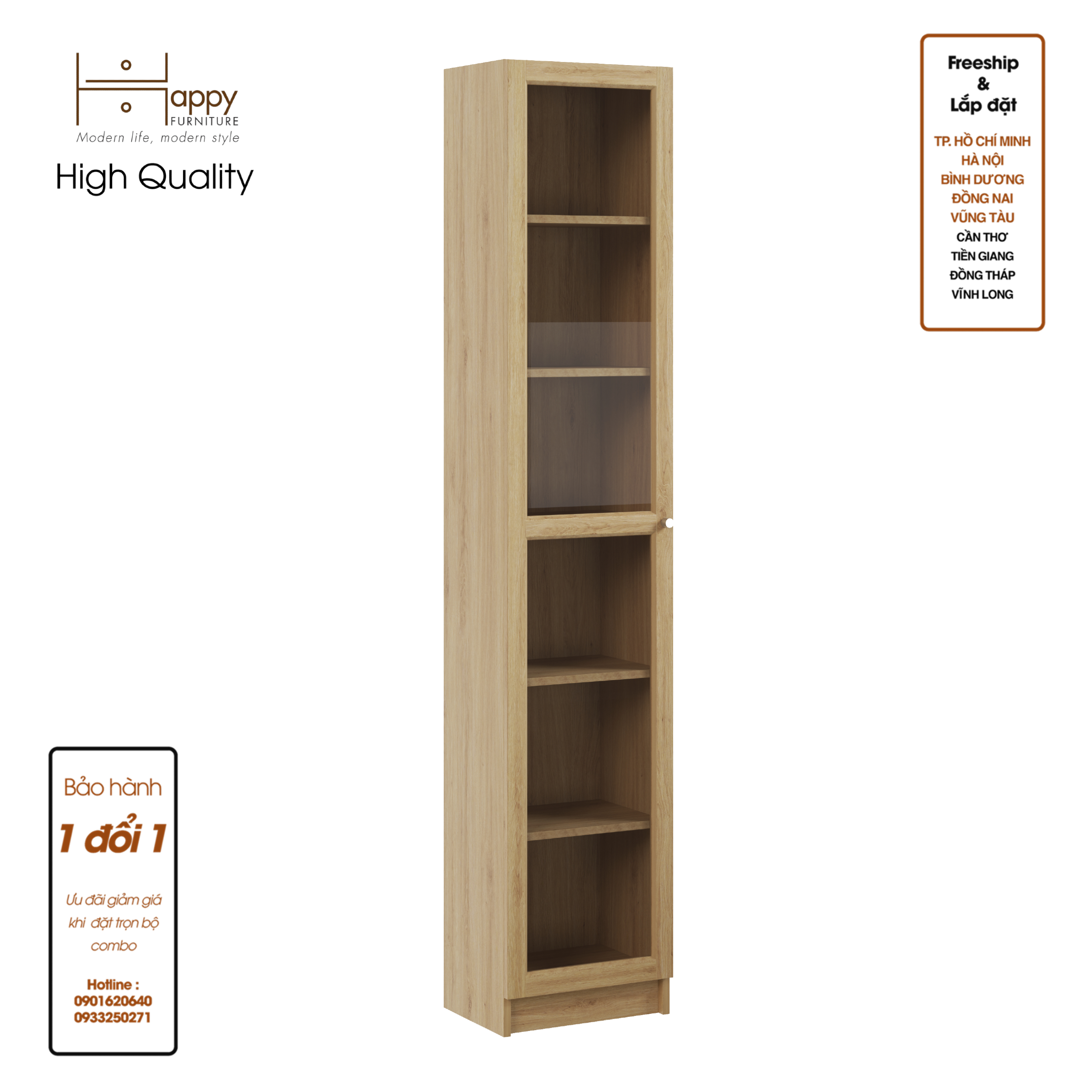 CATY, kệ sách 6 tầng cửa kính size nhỏ, 40cm x 30cm x 202cm , KSA_011