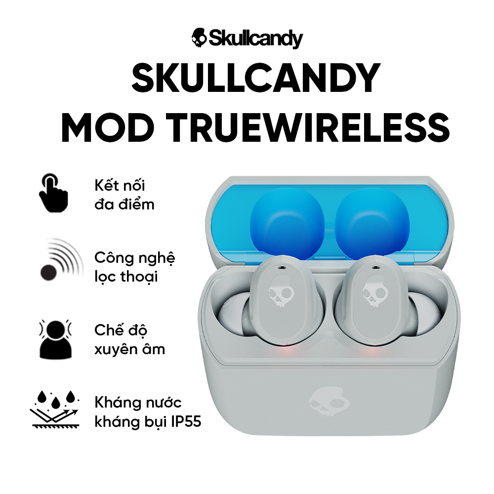 Tai nghe không dây Skullcandy True Wireless MOD - Màu Xám - Kết nối bluetooth - Chống nước - Nghe gọi - Xuyên Âm - Hàng chính hãng