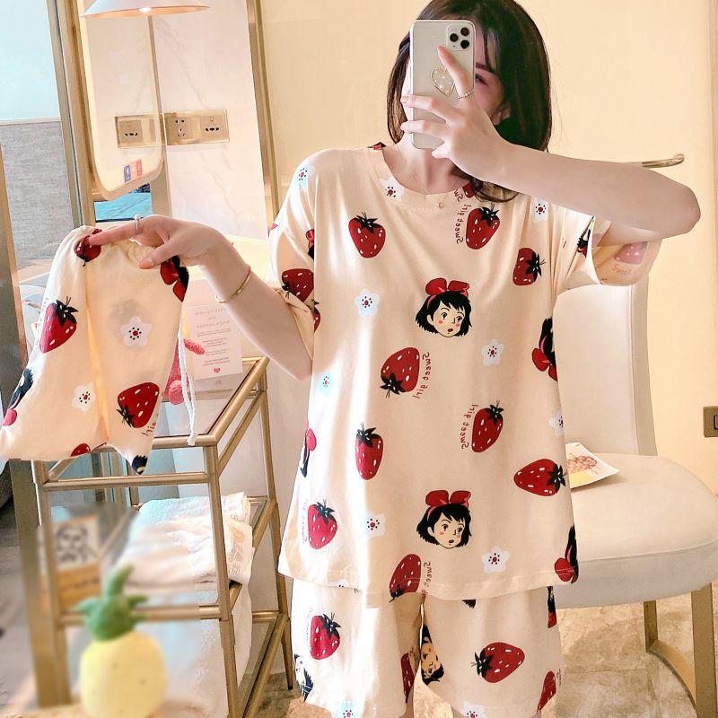 Bộ đồ ngủ ngắn tay dáng rộng in họa tiết hoạt hình xinh xắn thoải mái dành cho nữ