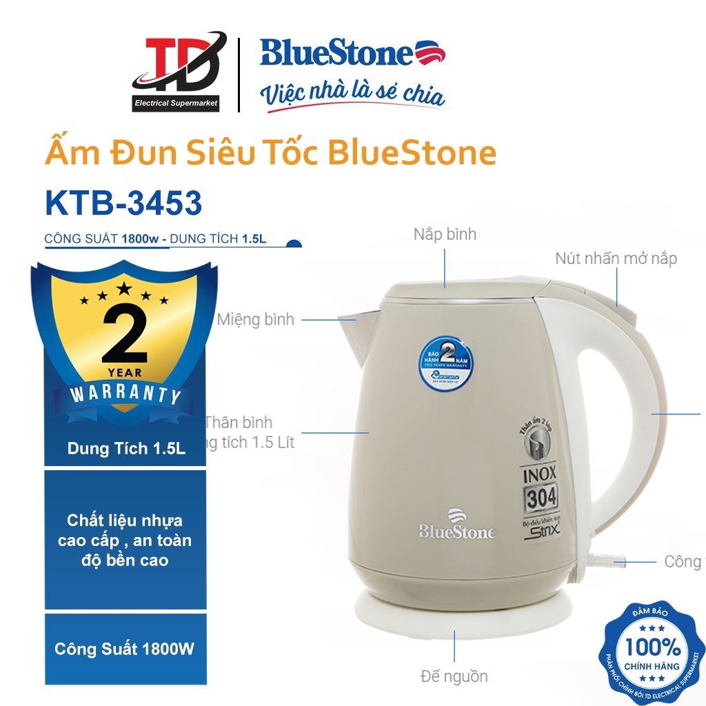 Ấm Đun Siêu Tốc Bluestone 1.5 lít KTB-3453, Inox 304 An Toàn , Hàng Chính Hãng