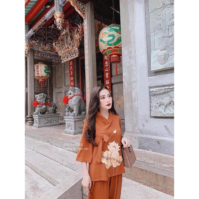 SET ĐỒ LAM ĐI CHÙA IN HOA SEN NỔI BẬT d06