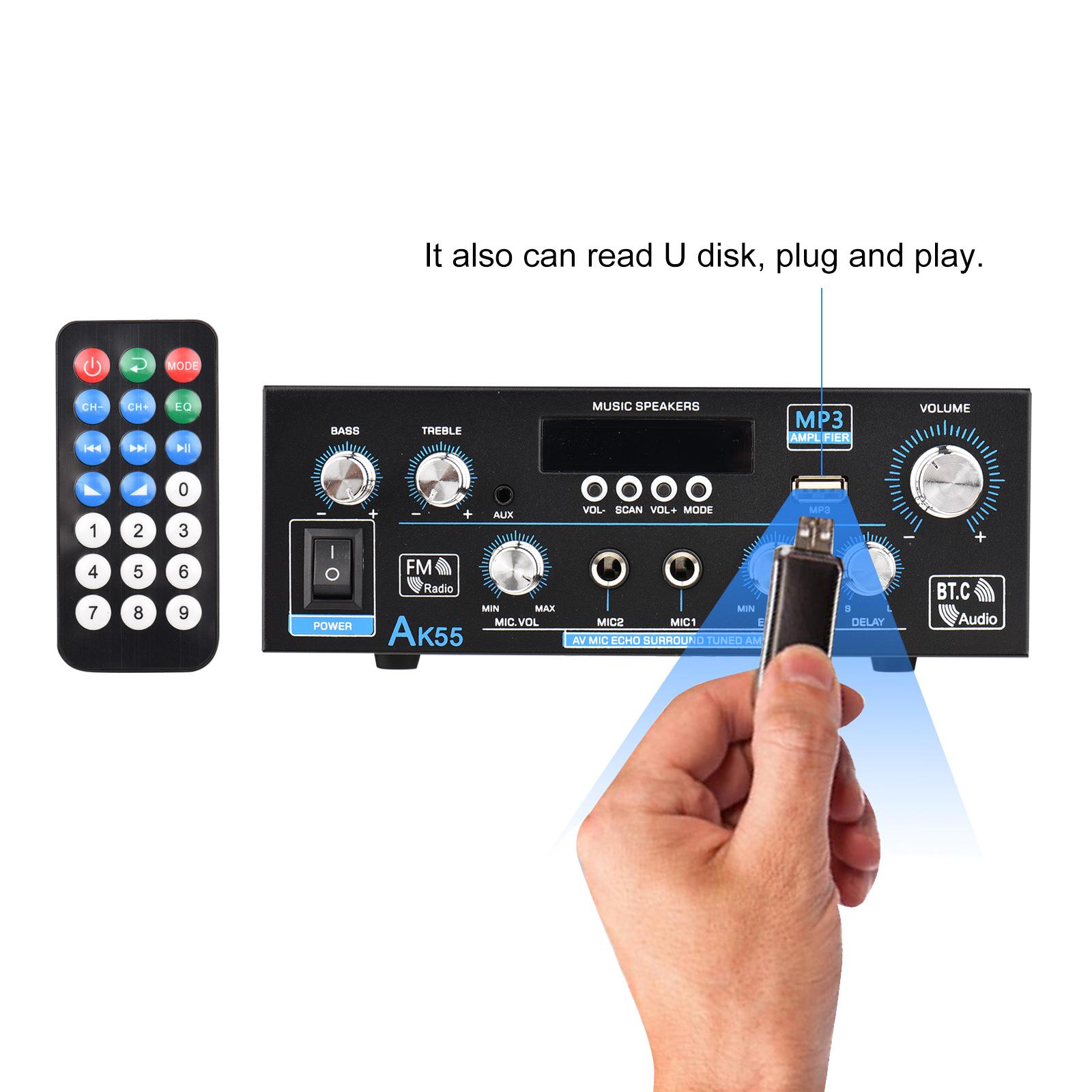 AK-55 Audio Power Amplifier Home Car Karaoke Amplifier Digital Audio PA Receiver 2 Microphone Input with Remote Control