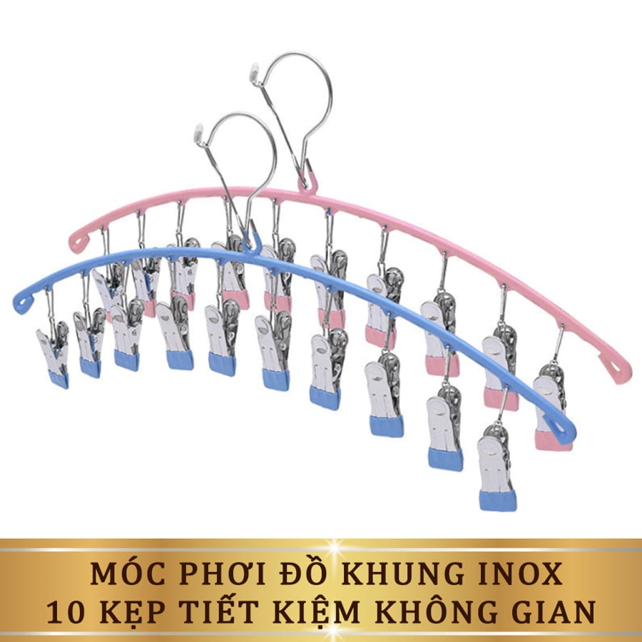 MÓC KẸP INOX MÀU HÌNH VÒNG CUNG GỒM 10 KẸP CÁCH ĐỀU NHAU, DỄ DÀNG PHƠI VÀ TREO VỚ TẤT, KHẨU TRANG, ĐỒ LÓT ĐA NĂNG, CHẤT LIỆU INOX CAO CẤP SIÊU BỀN