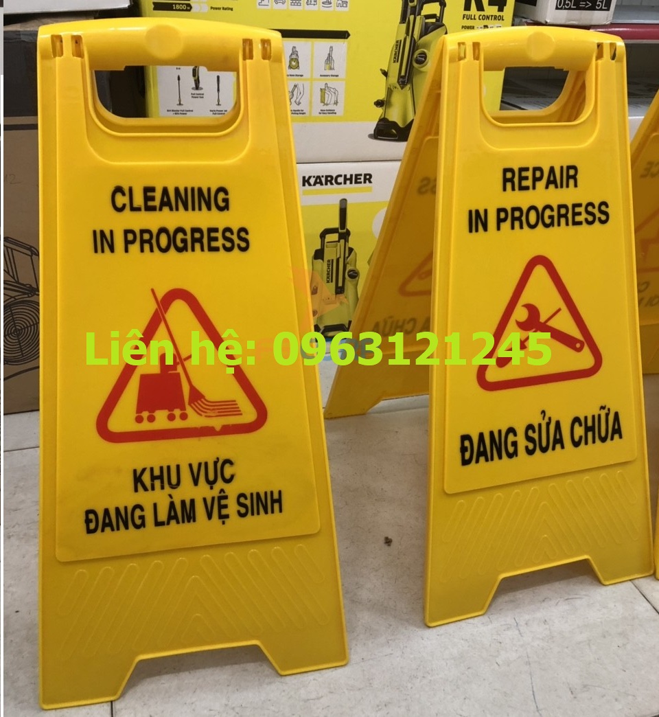 Biển cảnh báo chữ A khu vực dọn vệ sinh