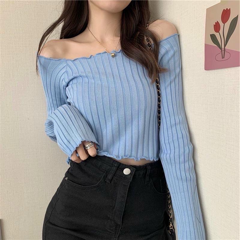 Áo Crop Top Tay Dài Trễ Vai Cuốn Hút, Nữ Tính