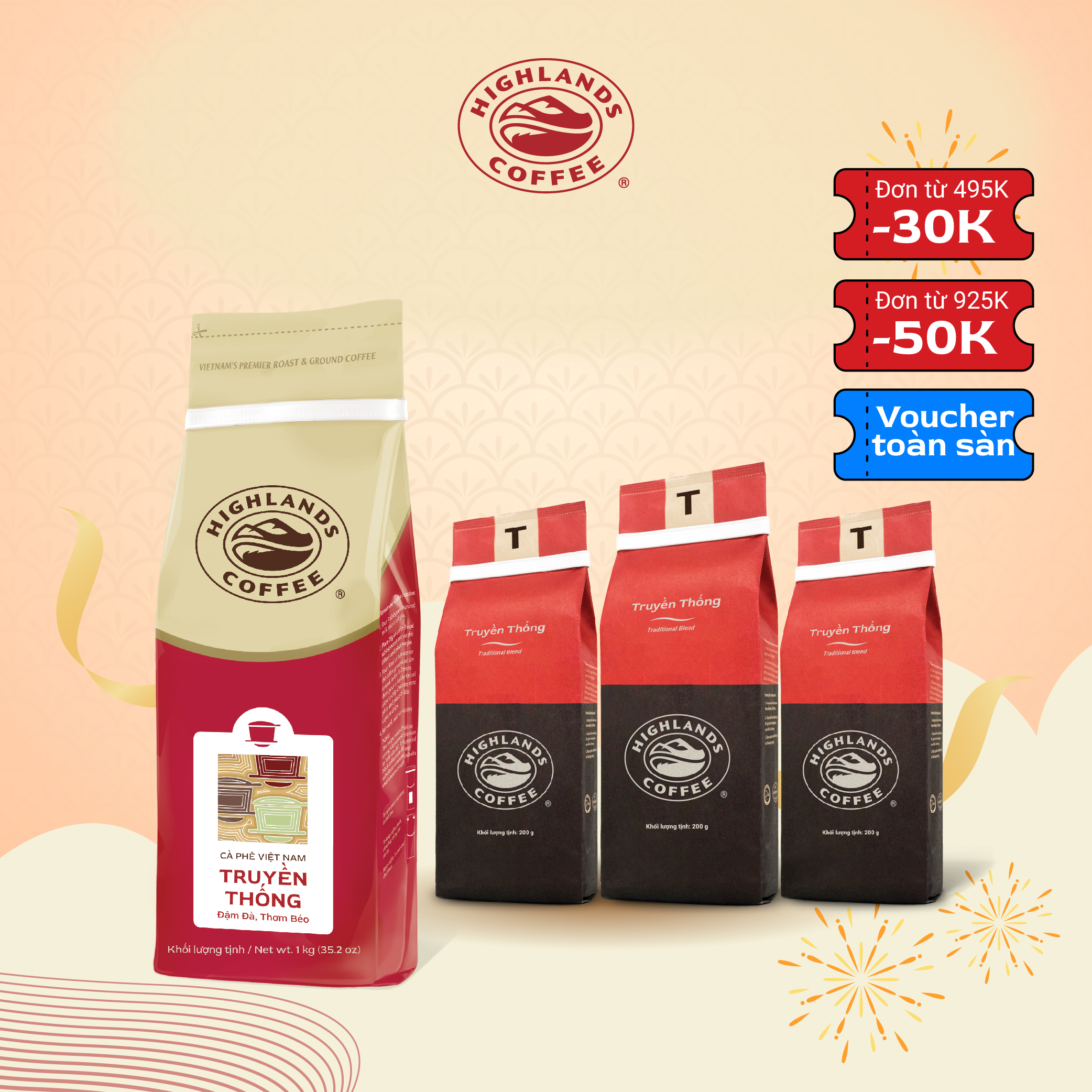 [COMBO 4] Cà Phê Bột Truyền Thống Highlands Coffee 1kg và 3 gói 200gr