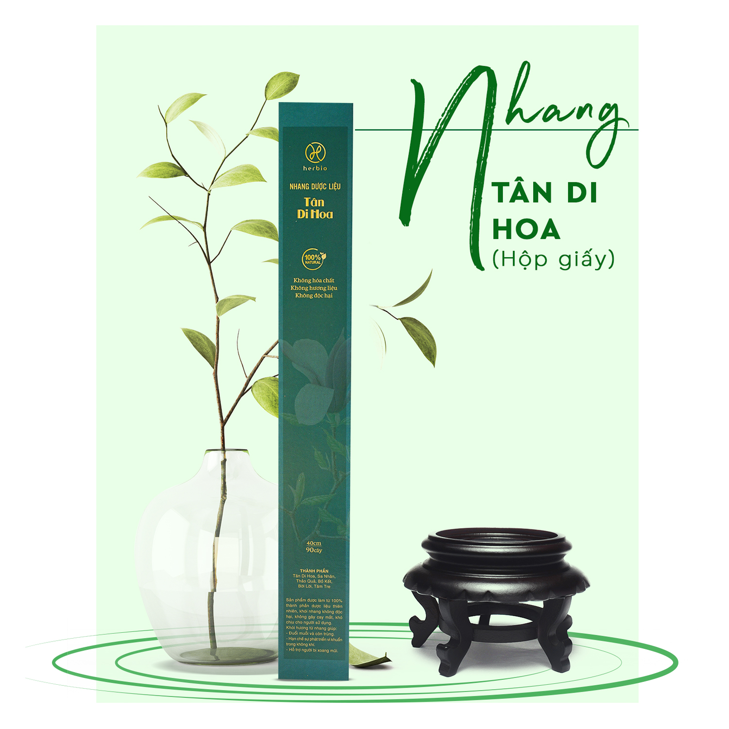 Nhang cây dược liệu thơm sạch, ít khói Tân Di Hoa Herbio - Hương thơm giúp thông mũi, giảm đau mỏi xương khớp - An toàn dùng trong gia đình - Ống/Hộp 40cm x 90 cây