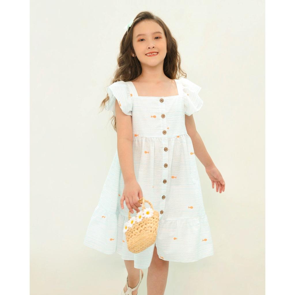 Váy đầm bé gái BYZU, chất vải cotton màu xanh biển, họa tiết cá xinh xắn