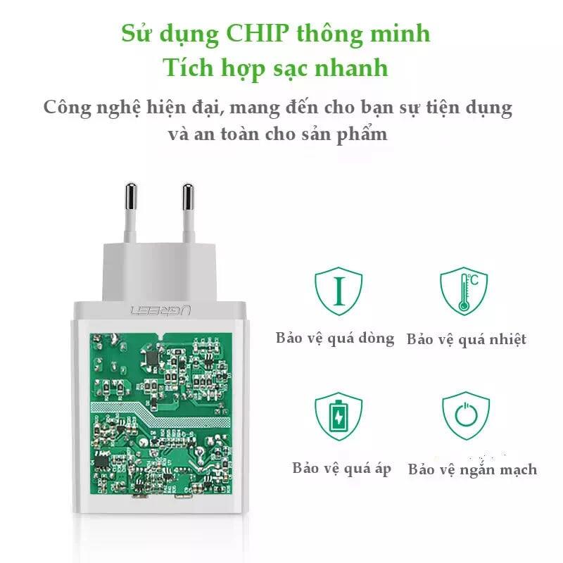 Ugreen UG30563CD132TK 30W màu Trắng Củ sạc nhanh 2 cổng USB chuẩn QC 3.0 + 2.4A - HÀNG CHÍNH HÃNG