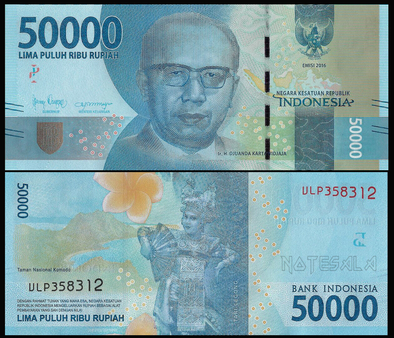 Tờ 50000 rupiah Indonesia mới cứng, tặng kèm phơi nilong bảo quản