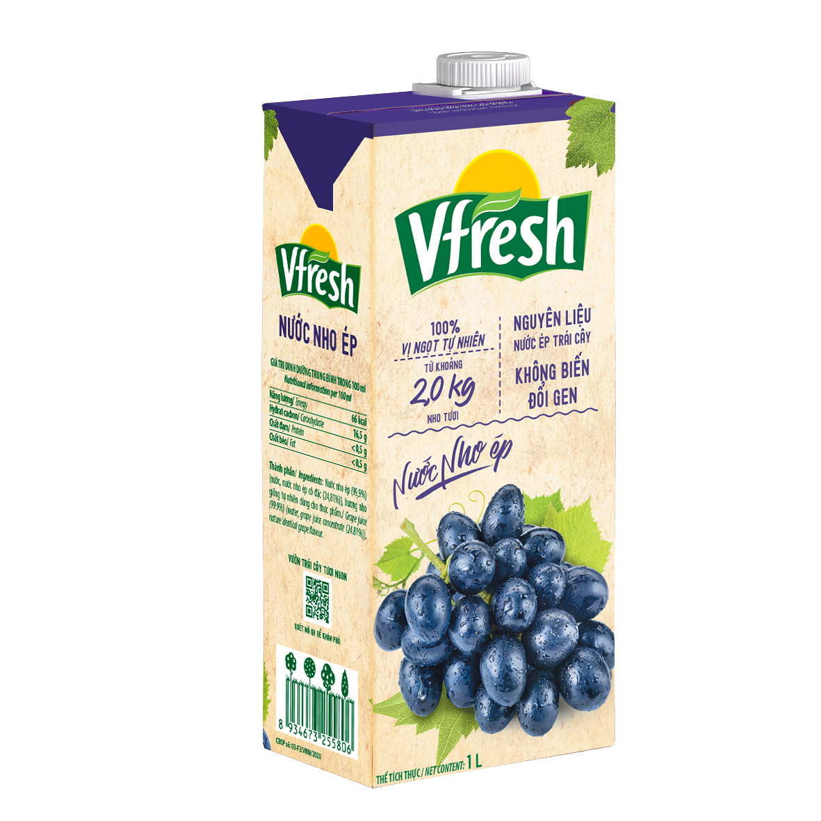 COMBO 4 HỘP NƯỚC VFRESH NHO ÉP 100% - HỘP GIẤY 1L